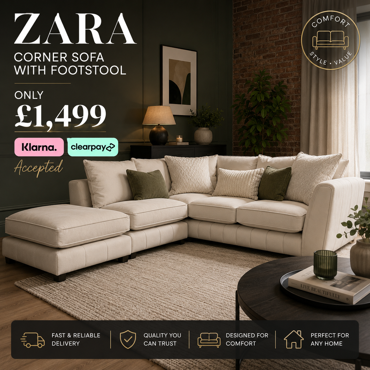 The Zara left hand chaise corner with footstool