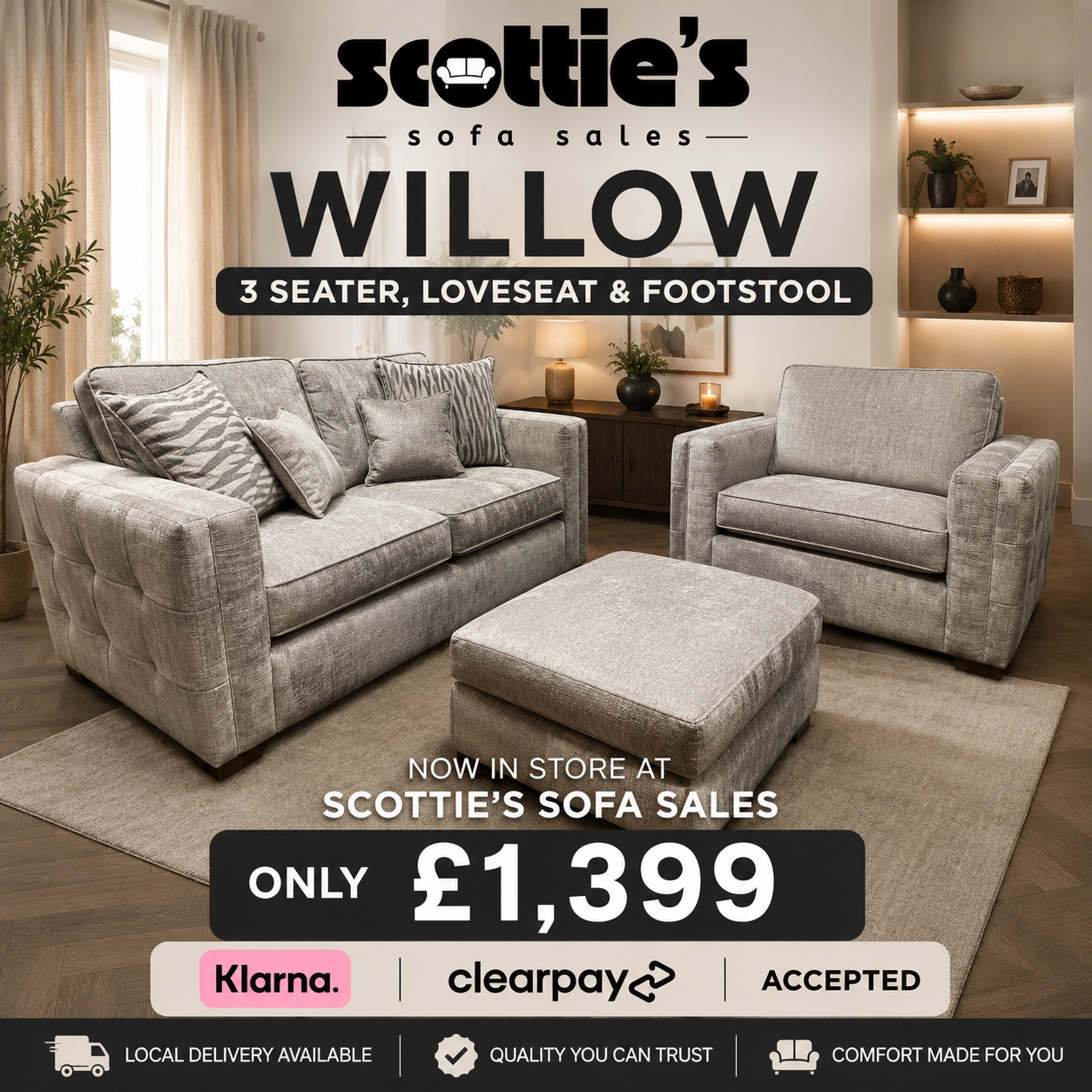 Willow 3 seater , love chair and footstool in truffle