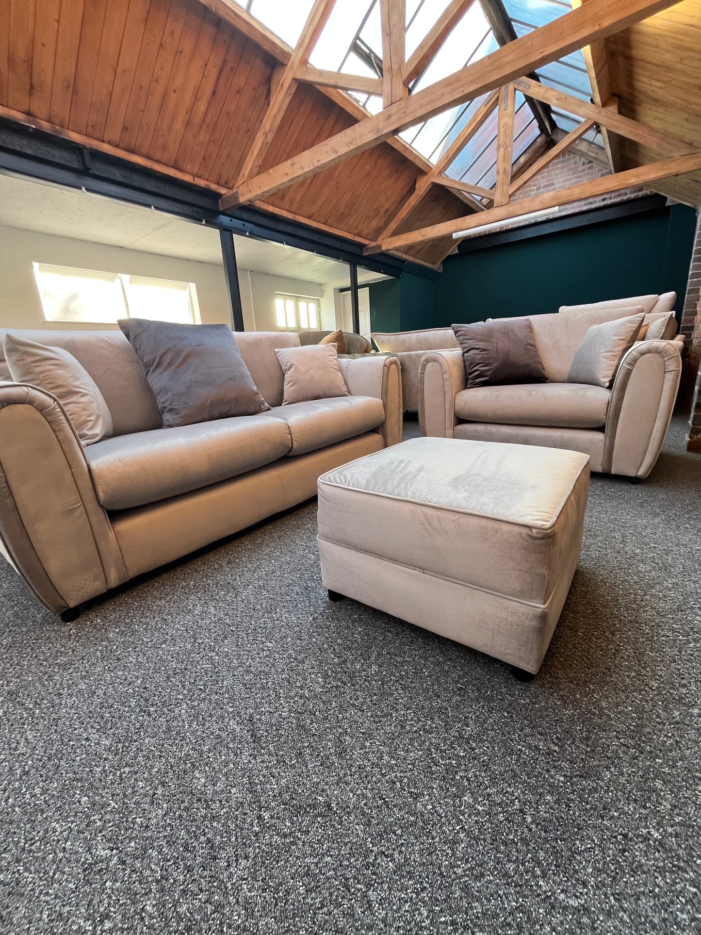 Hudson 3 seater , love chair and footstool in a plush silver