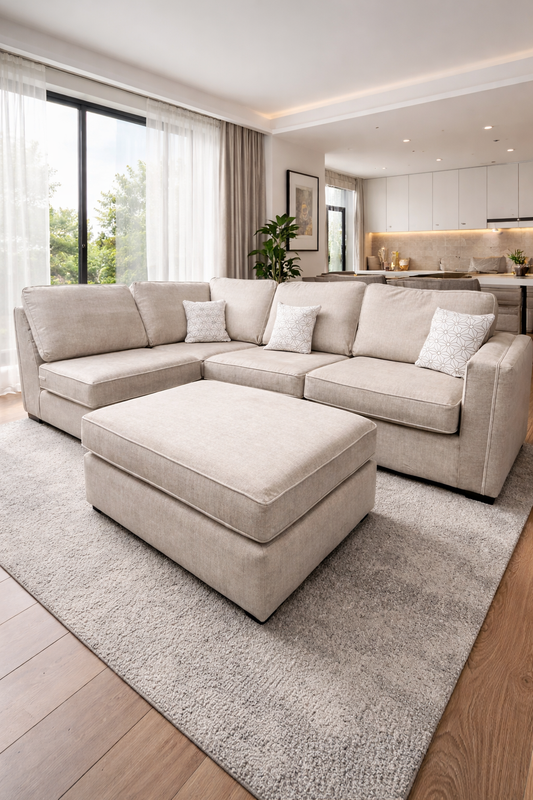 “Willow” large left hand open end chaise sofa with footstool in beige
