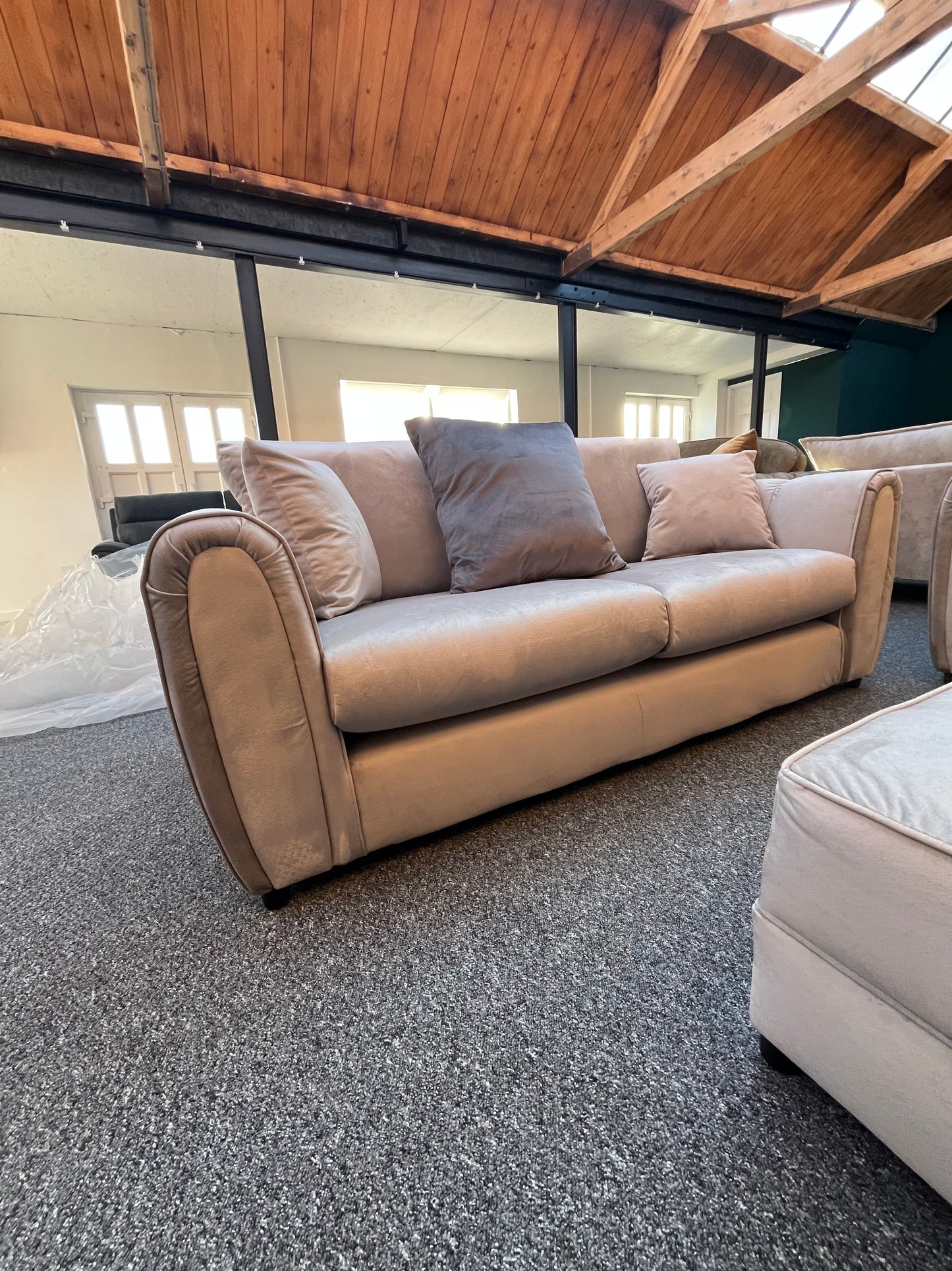Hudson 3 seater , love chair and footstool in a plush silver
