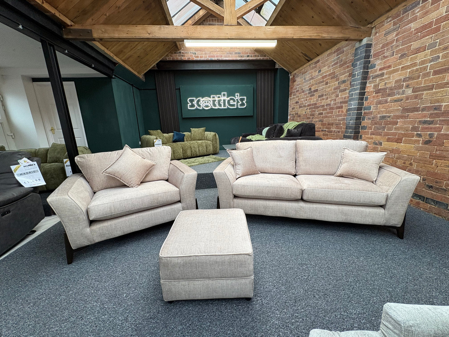 The Venice 3 seater , love chair and footstool in a soft beige