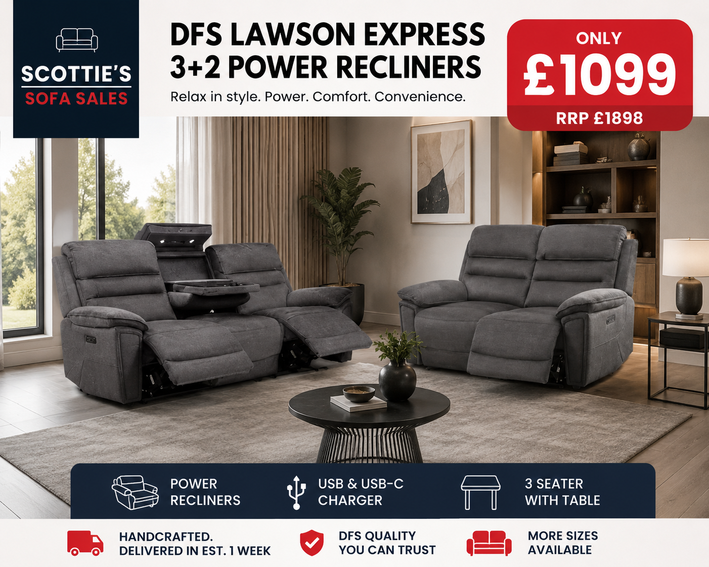Dfs Lawson power recliner 3+2 in grey fabric