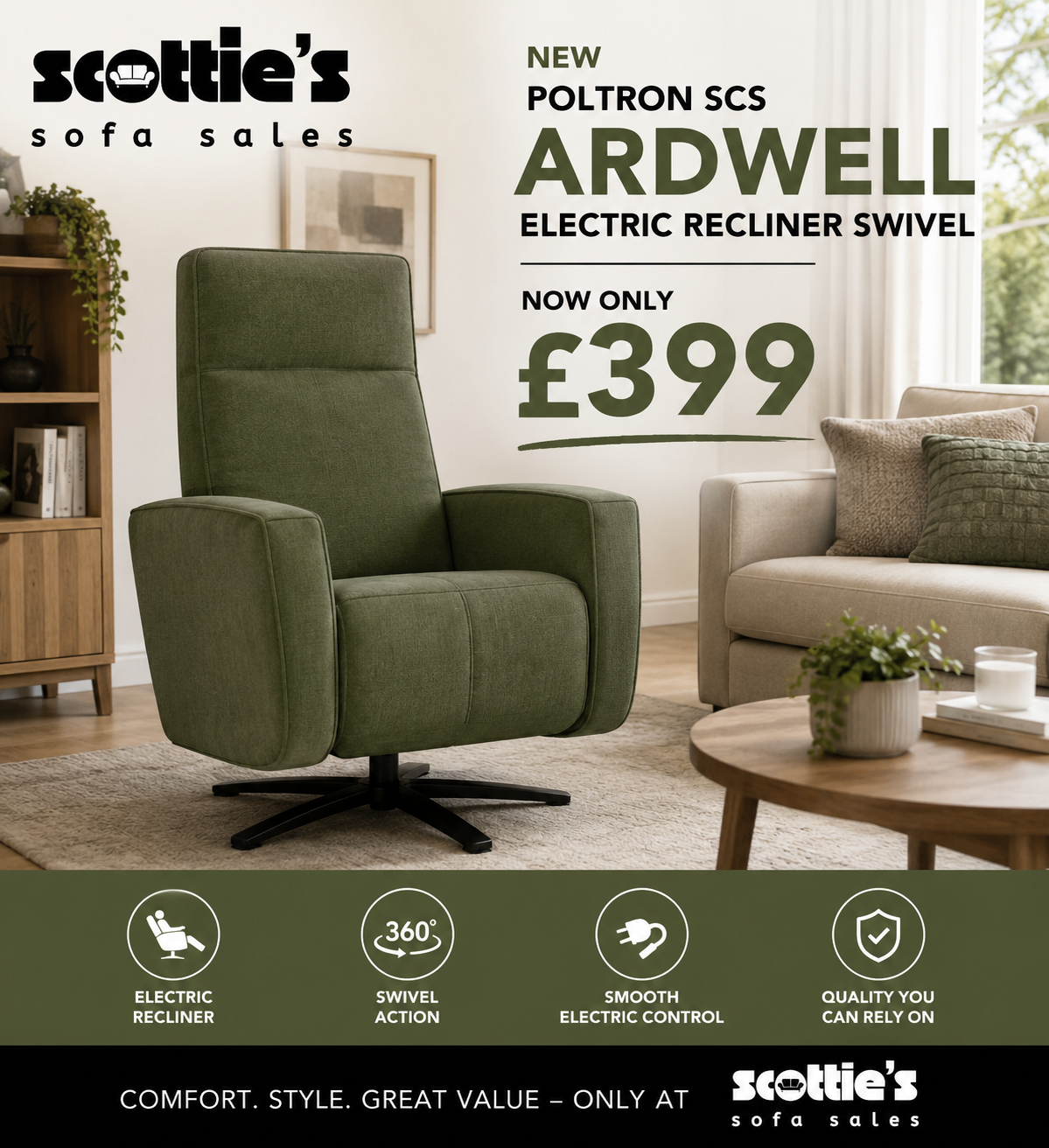 Scs ARDWELL power recliner swivel in green