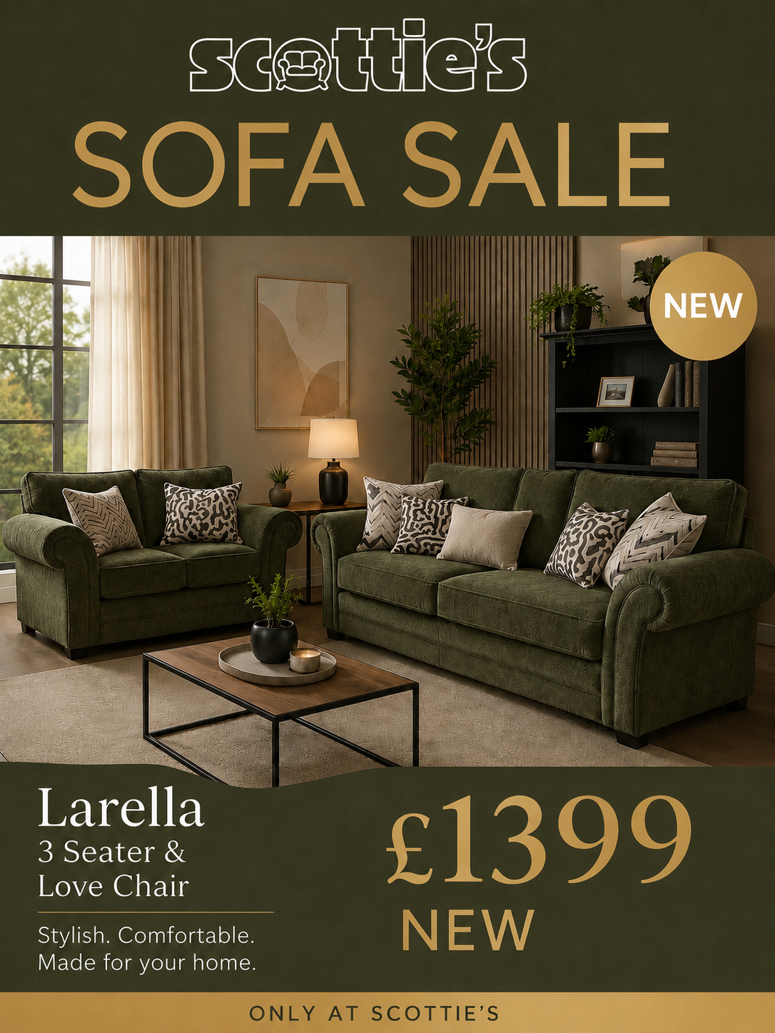 Larella 3 seater and love chair in olive green